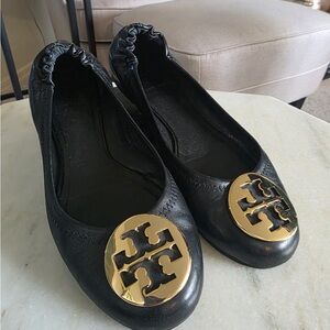 Tory Burch Black Flats with Gold Emblem